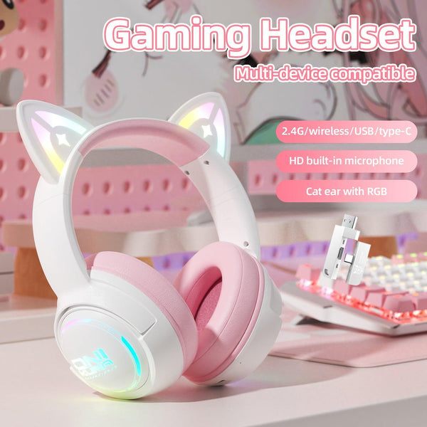 ONIKUMA GT838 Gaming Headset Muli-device Compatible 2.4G/Wireless/USB/Type-C HD Built-in Microphone Cat Ear with RGB